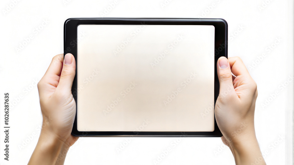Hands holding a blank digital tablet screen in bright modern home living room Hands holding a blank digital tablet screen in bright modern home living room