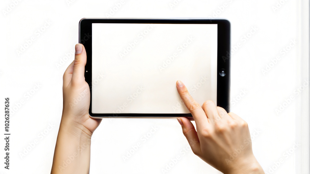 Closeup of hands holding a digital tablet with blank screen isolated on white background Closeup of hands holding a digital tablet with blank screen isolated on white background