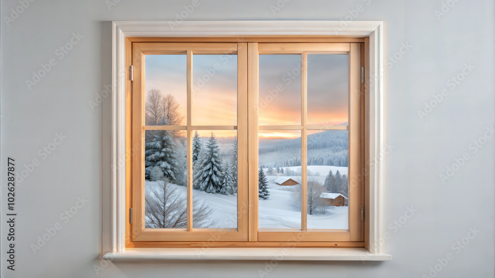 Fototapeta premium Large wooden frame window with winter landscape view in modern home interior