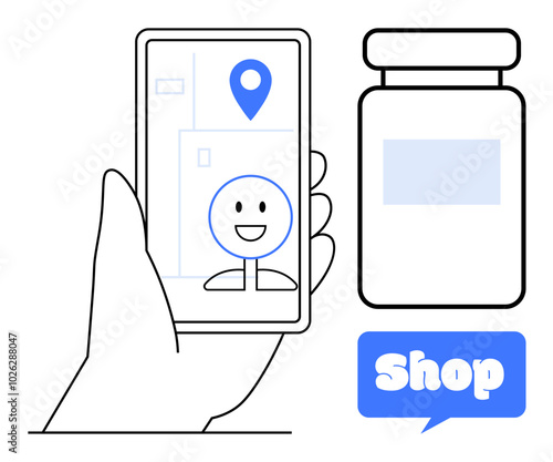 Hand holding smartphone with a map application, a face pin, and blue location marker. Adjacent is a medicine bottle icon and blue Shop label. Ideal for online shopping, pharmacy services, navigation