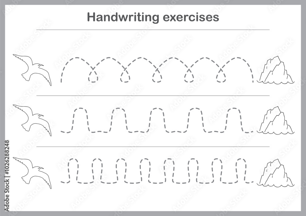 Naklejka premium Basic writing exercises. Trace line worksheets for children. Preschool handwriting practice. Vector illustration. A4 - ready to print format