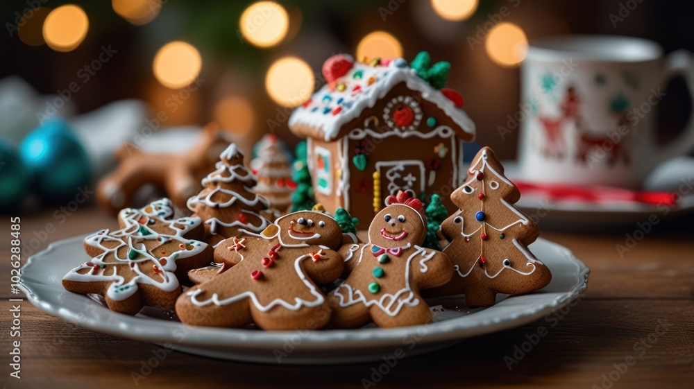 Gingerbread cookies and a gingerbread house on a plate with a cup of hot chocolate in the background. Gingerbread cookies and a gingerbread house on a plate with a cup of hot chocolate in the background.