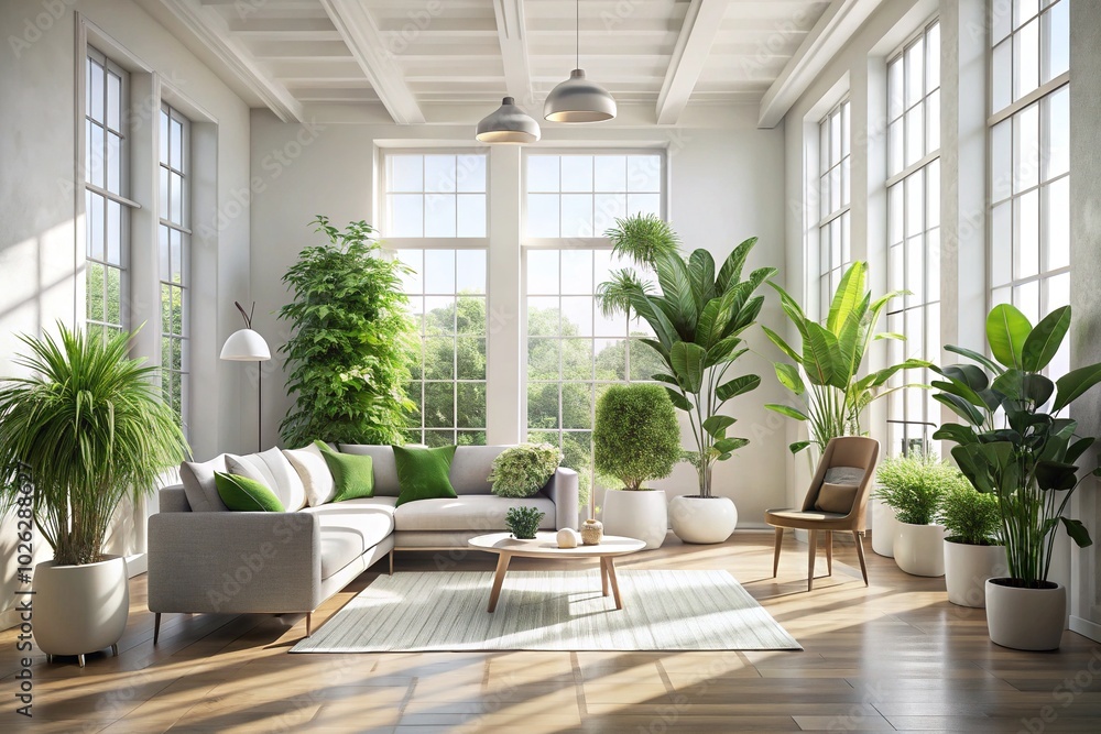 Aerial View of White Interior with Lush Green Plants in 3D Design for Modern Home Decor Aerial View of White Interior with Lush Green Plants in 3D Design for Modern Home Decor
