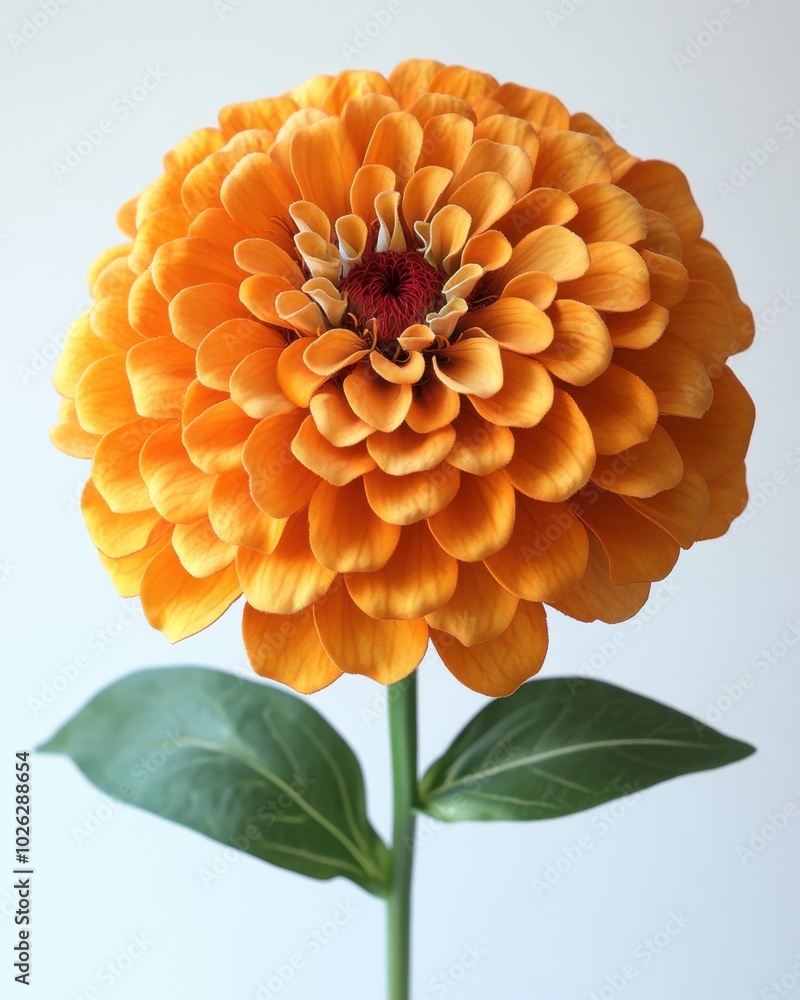 A bright orange zinnia with tightly packed petals forming a symmetrical bloom, isolated on white background A bright orange zinnia with tightly packed petals forming a symmetrical bloom, isolated on white background