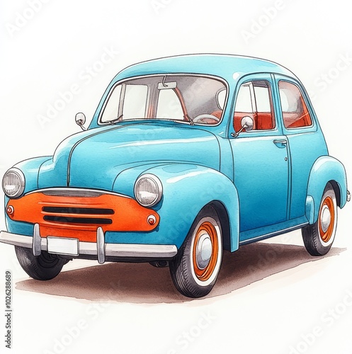 Vintage blue car with orange accents, white isolated background photo