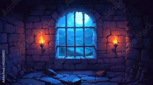 A stone room with a large arched window overlooking a moonlit landscape. Two torches illuminate the room, casting a warm glow.