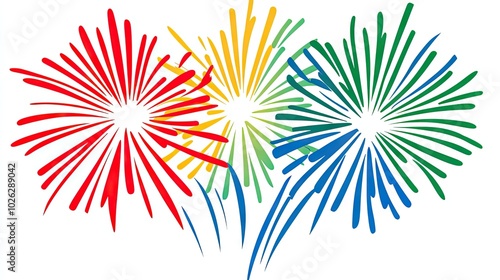 Vibrant fireworks in red, blue, and green explode against a white background, creating a dazzling, celebratory display.