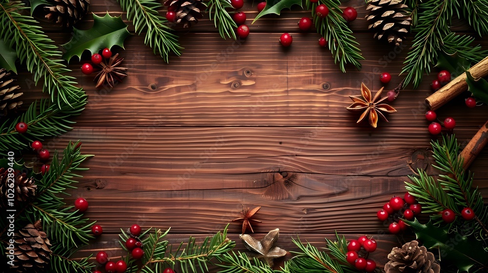 christmas background with fir branches, berries and cones on wooden table christmas background with fir branches, berries and cones on wooden table
