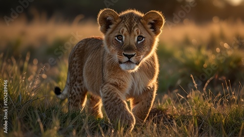 A young lion cub stands in a grassy field, backlit by the golden rays of the setting sun. It looks directly at the camera with big, curious eyes.