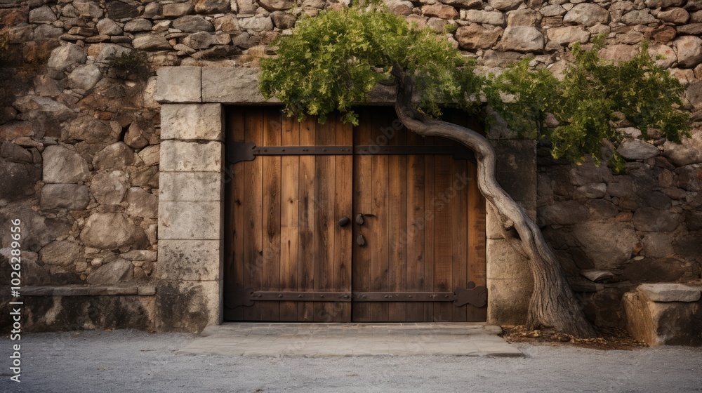 Unlocking a World of Flavors: Exploring a Hidden Wine Cell Through a Rustic Door Amidst a Lush Gre Unlocking a World of Flavors: Exploring a Hidden Wine Cell Through a Rustic Door Amidst a Lush Gre