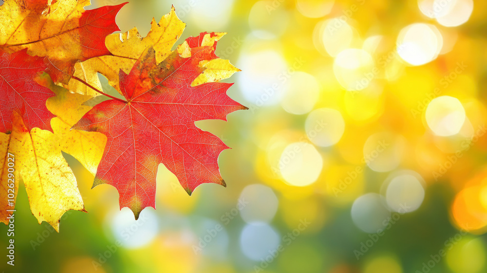 Fototapeta premium Autumn template with red maple leaves and sunlight