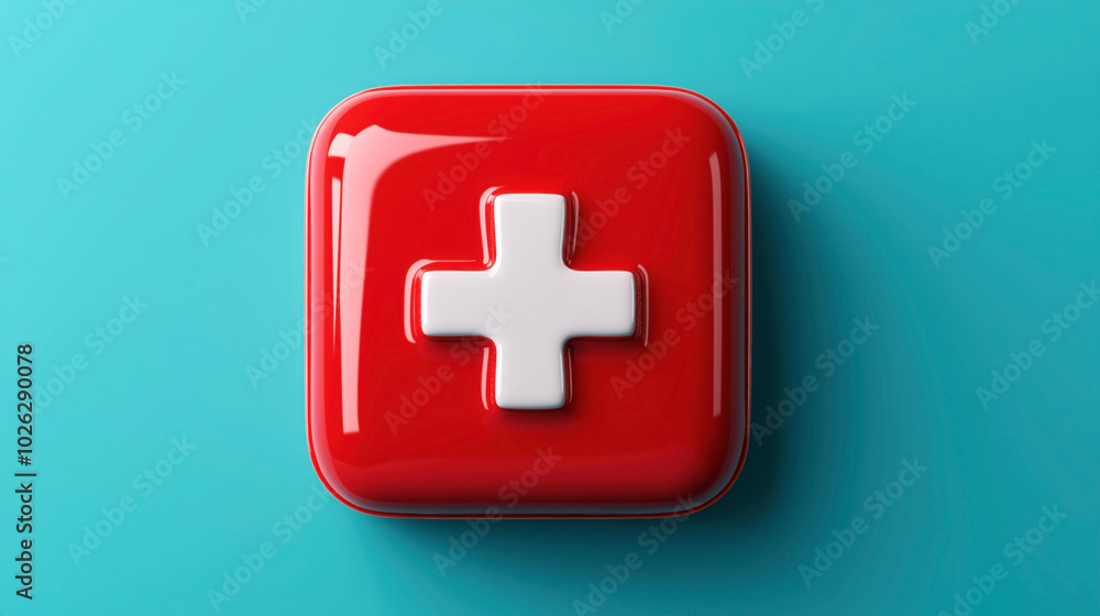 3D ed red square button with white medical cross symbol on a blue background, representing healthcare or medical emergency. 3D ed red square button with white medical cross symbol on a blue background, representing healthcare or medical emergency.