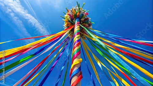 Colorful maypole dancing in the wind against blue sky background