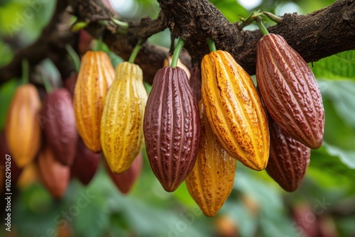 A cacao tree with small, detailed fruits hanging from its branches, isolated on white background 