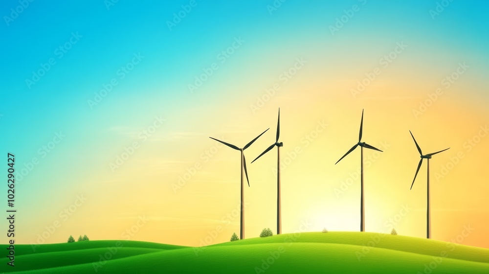 Fototapeta premium Wind turbines on green hills under a bright sunset sky.