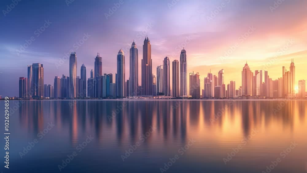 A stunning skyline at sunset, reflecting on calm waters, showcasing modern architecture. A stunning skyline at sunset, reflecting on calm waters, showcasing modern architecture.