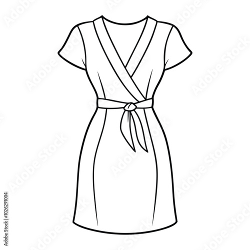 Classic Wrap Dress Line Art with Waist Tie Detailing