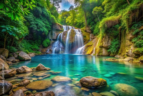 Colorful mosaic style waterfall in a dense green forest with rocks and blue water