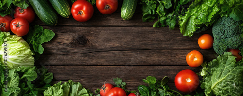 Vegetables on a wooden table. top view background with space