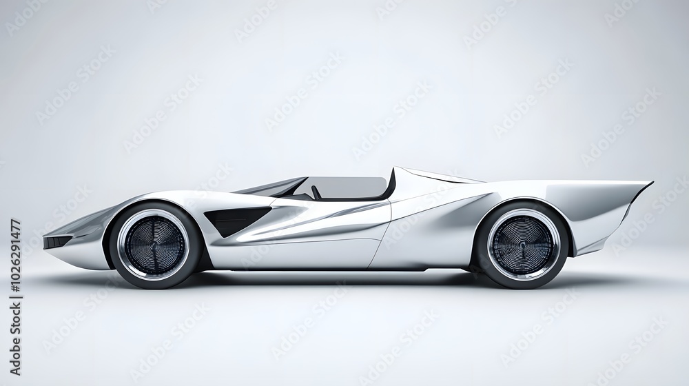 Car with sleek silver body futuristic sharp lines and retro geometric shapes on a white background Car with sleek silver body futuristic sharp lines and retro geometric shapes on a white background