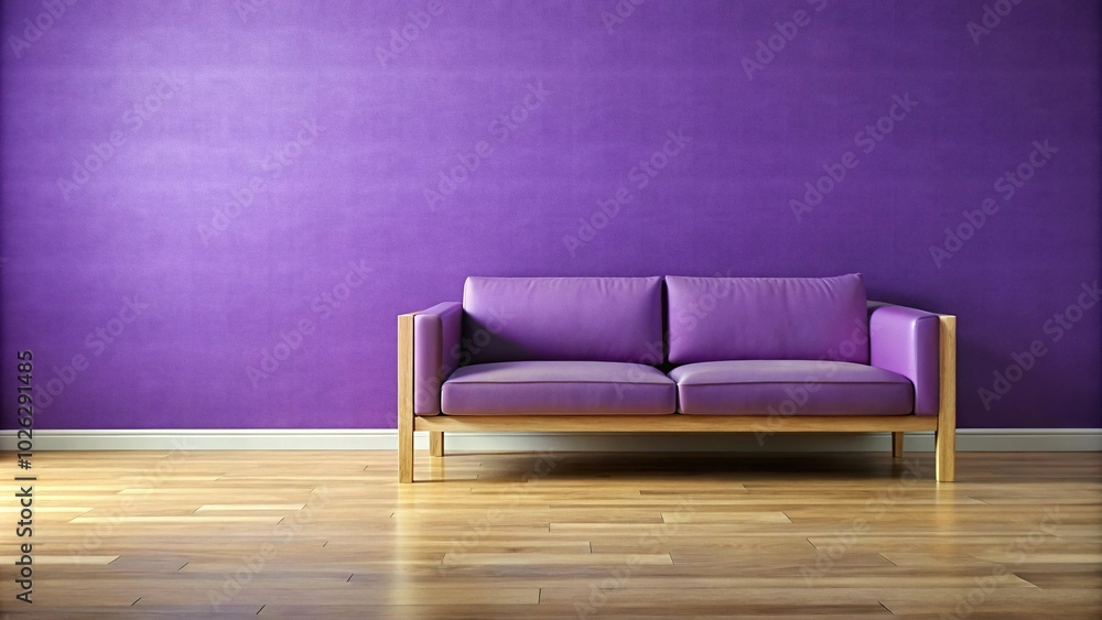 Modern purple couch with wooden frame against purple wall Modern purple couch with wooden frame against purple wall