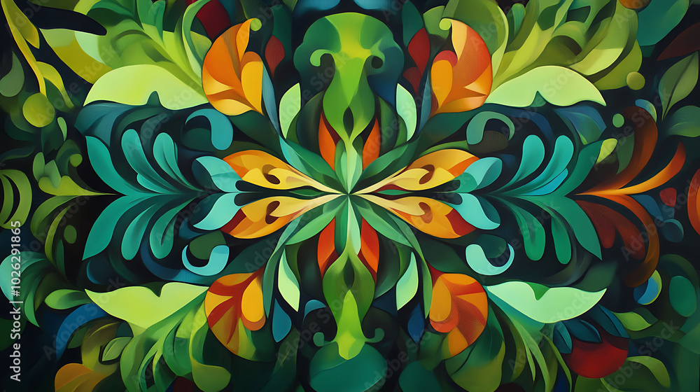 Abstract floral pattern with green, blue, and orange colors in a symmetrical design. Abstract floral pattern with green, blue, and orange colors in a symmetrical design.