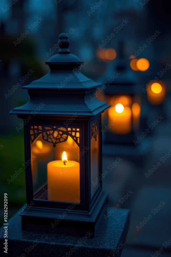 Lanterns with Burning Candles on the Cemetery Ground Lanterns with Burning Candles on the Cemetery Ground