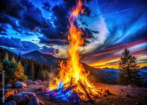 Wallpaper Mural Captivating Landscape of Fire Burning with Blue and Orange Flames in a Dramatic Night Sky Torontodigital.ca