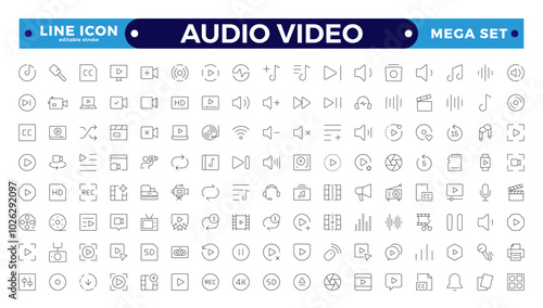 Audio and video web icons set in Outline design. Pack of camera movie, voice, radio, music streaming, photography, headphones, cinema, podcast, broadcasting, and others. Editable stroke outline icon.
