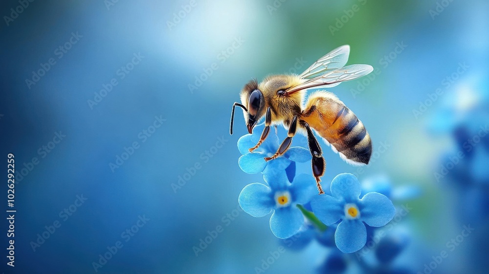 Serene Bee on Light Blue Flower in Soft Blue Gradient Background Serene Bee on Light Blue Flower in Soft Blue Gradient Background