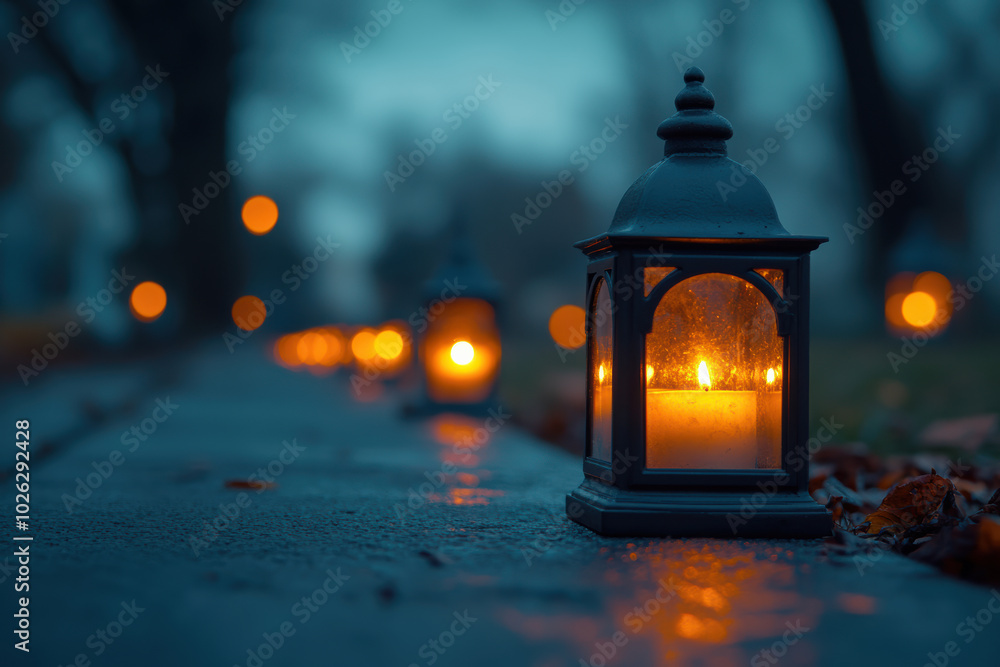 Glass lanterns with candles on cemetery close-up Glass lanterns with candles on cemetery close-up