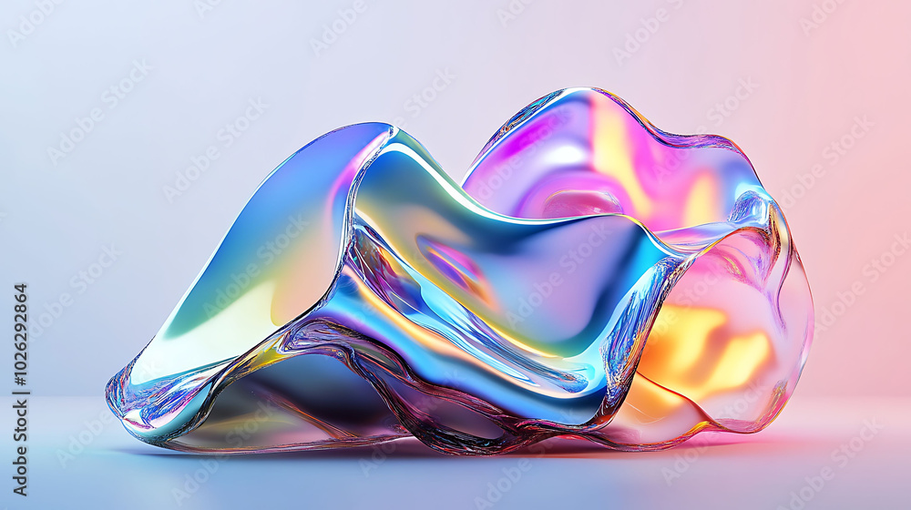 Obraz premium Abstract iridescent liquid shape with vibrant colors and smooth, flowing forms against a soft gradient background.