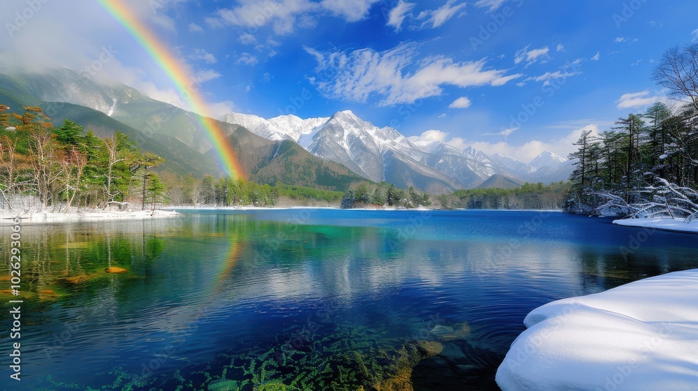 Majestic Mountain Lake with Rainbow Reflections Majestic Mountain Lake with Rainbow Reflections