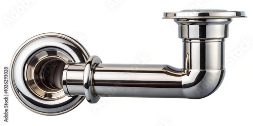 Modern stainless chrome siphon reflected in water, plumbing pipes drainage