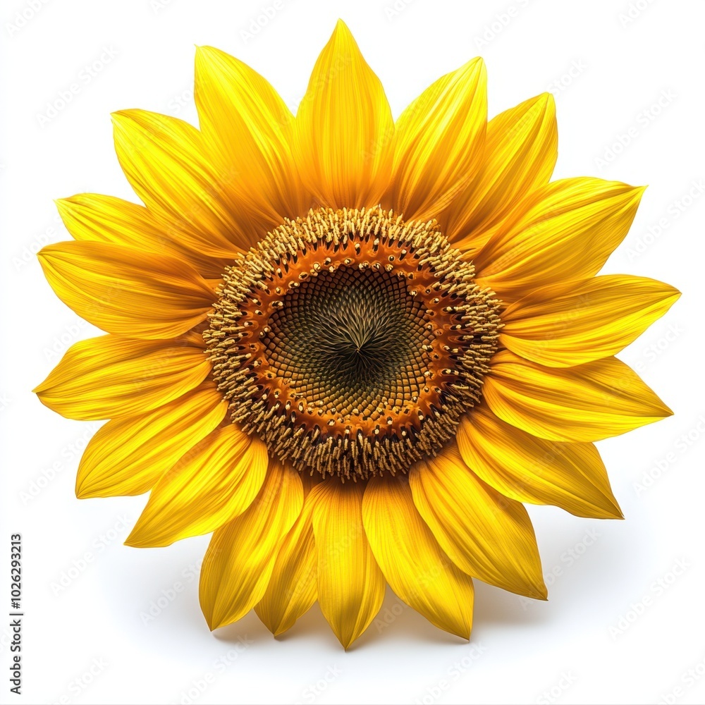 A close-up of a blooming sunflower with intricate seed pattern and bright yellow petals, isolated on white background A close-up of a blooming sunflower with intricate seed pattern and bright yellow petals, isolated on white background