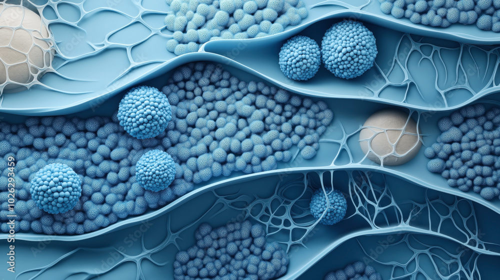 Obraz premium Abstract blue organic structure with spherical formations and textured surface resembling microscopic or cellular pattern