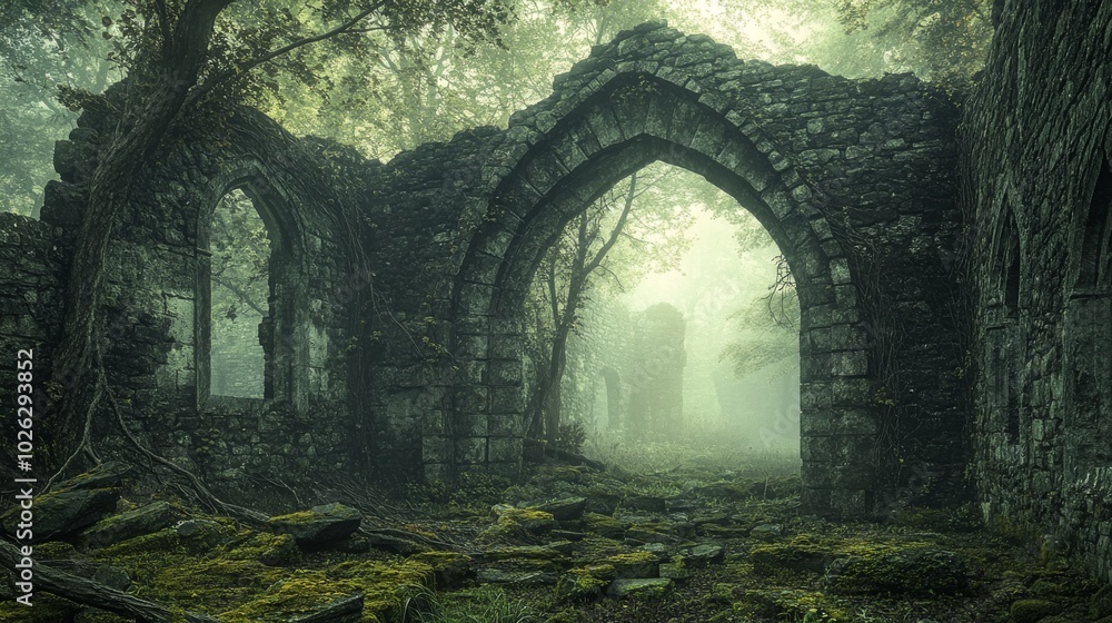 Obraz premium Overgrown Stone Archway Leading into a Misty Forest