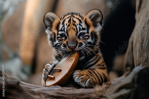 Tiger Cub Playing Mini Guitar in Natural Habitat photo