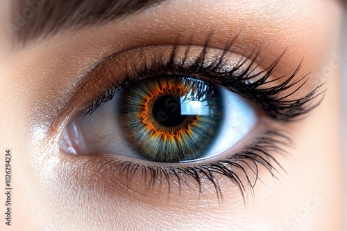 A close-up of a deep brown eye with subtle shadows in the surrounding lashes and soft veins, isolated on white background