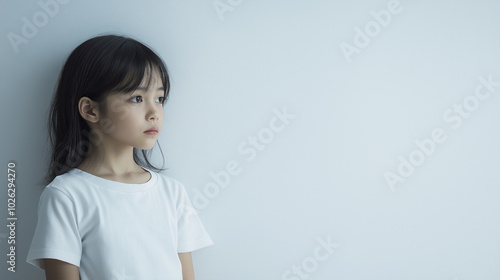 寂しい眼差しの子供(子ども)ポートレート：女の子の孤独と悲しい表情を写し取る少女の人物写真