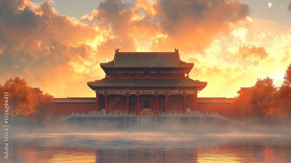 Serene sunset over traditional Asian architecture Serene sunset over traditional Asian architecture