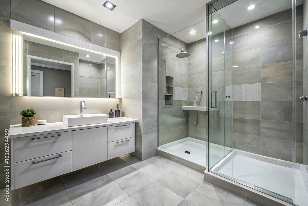 modern white gray bathroom large shower stall walk glass door silhouette modern white gray bathroom large shower stall walk glass door silhouette