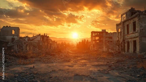 A desolate landscape with a sun setting in the background photo