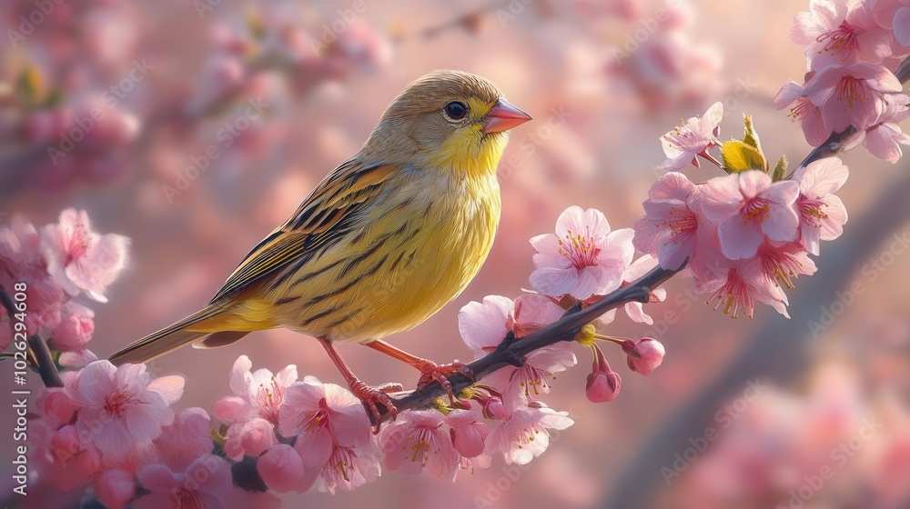 hyperdetailed siskin perched gracefully on a blooming cherry blossom branch with soft bokeh background emphasizing delicate pink petals and vivid feathers in a serene natural setting hyperdetailed siskin perched gracefully on a blooming cherry blossom branch with soft bokeh background emphasizing delicate pink petals and vivid feathers in a serene natural setting