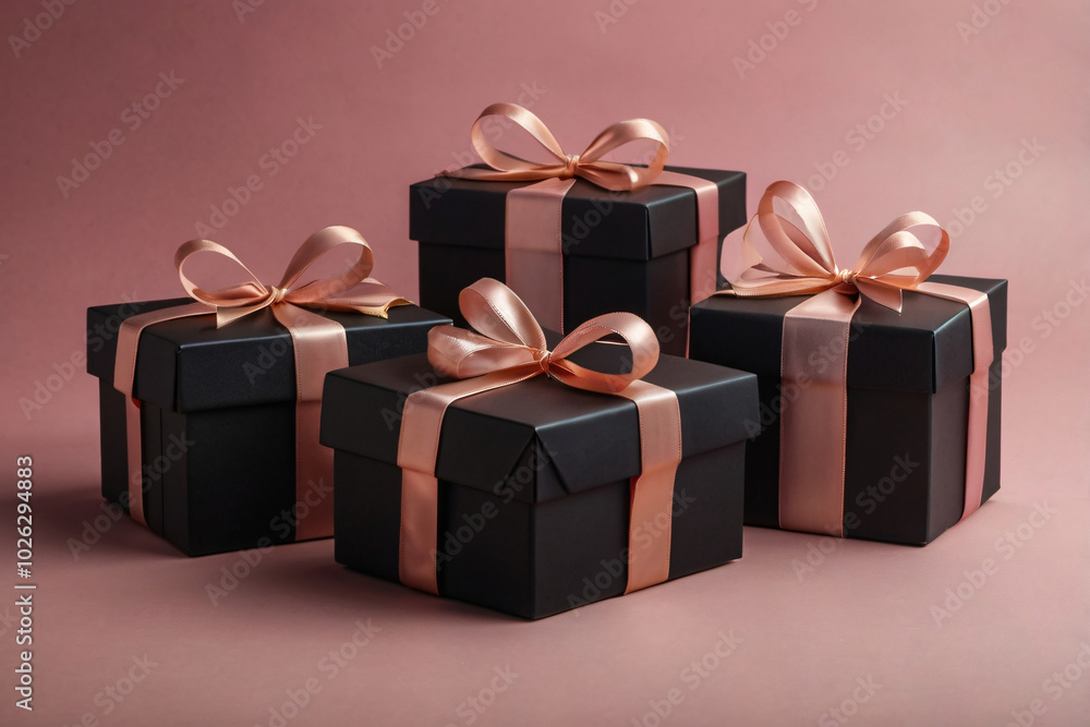 Black gift boxes with pink ribbon on pink background. Elegant girly black and pink gift boxes on pink background. Christmas gift box. Black Friday sale concept Black gift boxes with pink ribbon on pink background. Elegant girly black and pink gift boxes on pink background. Christmas gift box. Black Friday sale concept