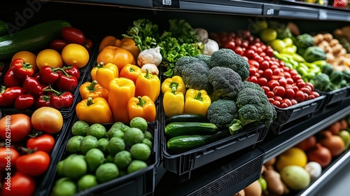 Vibrant Grocery Store Produce Display with Fresh Fruits and Vegetables on Black Trays in a Well-Organized Shopping Environment.