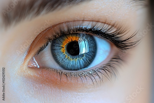 A close-up of a grey eye with detailed reflections in the pupil and fine details in the lashes, isolated on white background