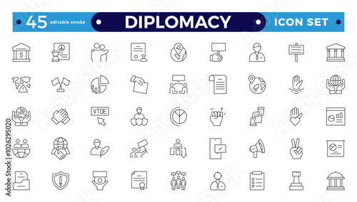 Diplomacy outline icon set with comprises spoken, written communication, leader, diplomats, international system and foreign policy. Editable stroke outline icon.
