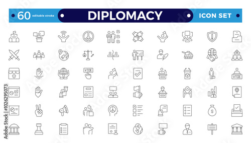 Diplomacy outline icon set with comprises spoken, written communication, leader, diplomats, international system and foreign policy. Editable stroke outline icon.

