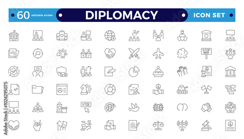 Diplomacy outline icon set with comprises spoken, written communication, leader, diplomats, international system and foreign policy. Editable stroke outline icon.
